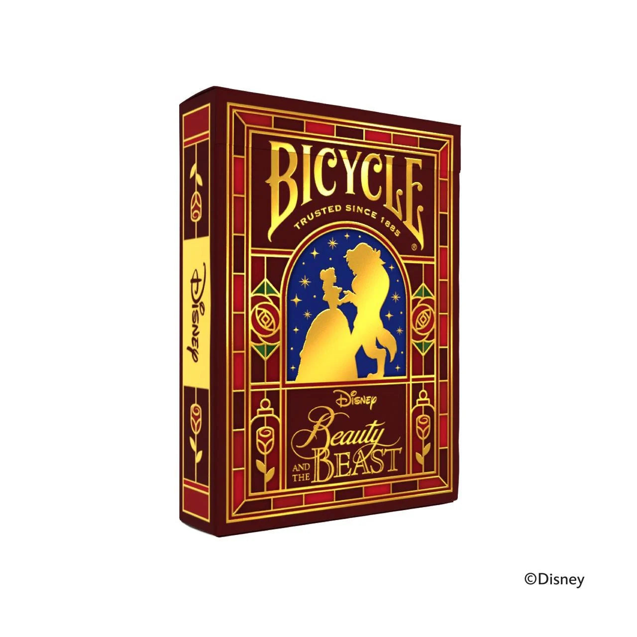 Bicycle Disney Beauty and the Beast tuck box in red with gold‑foil stained‑glass frame and Belle and Beast dancing silhouette.