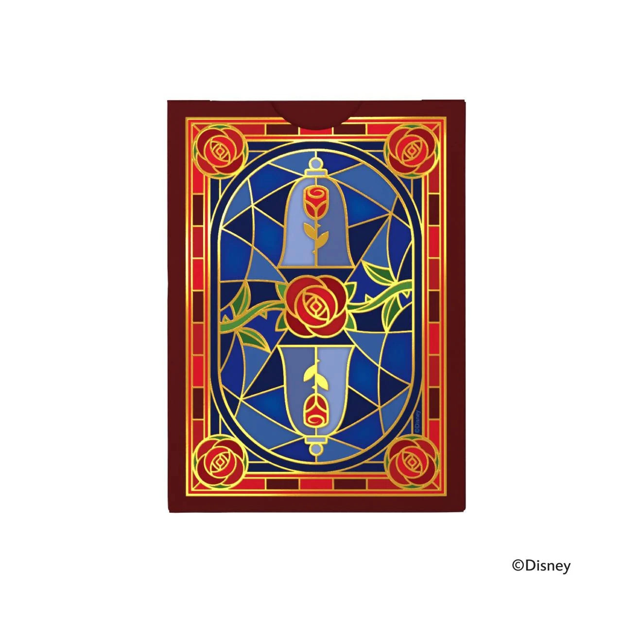 Back of Bicycle Disney Beauty and the Beast tuck showing stained‑glass card back design with enchanted rose and red‑gold border.