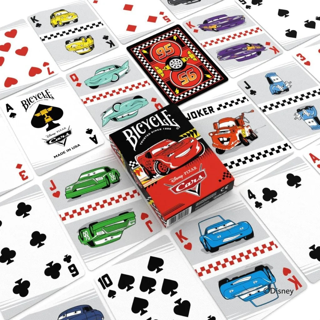 Bicycle Disney Pixar Cars playing cards spread with tuck box and character cards