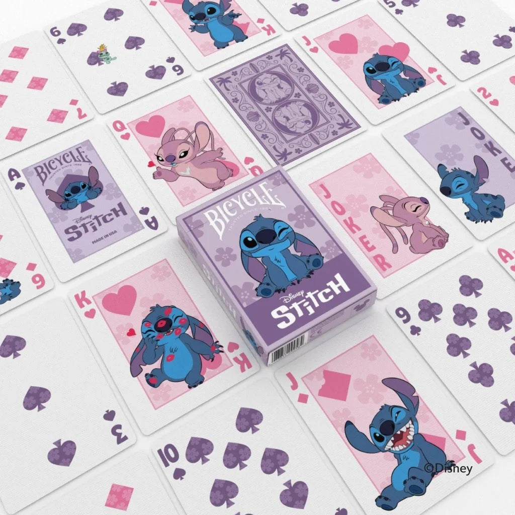 Bicycle Disney Stitch Purple playing cards spread with Stitch and Angel artwork