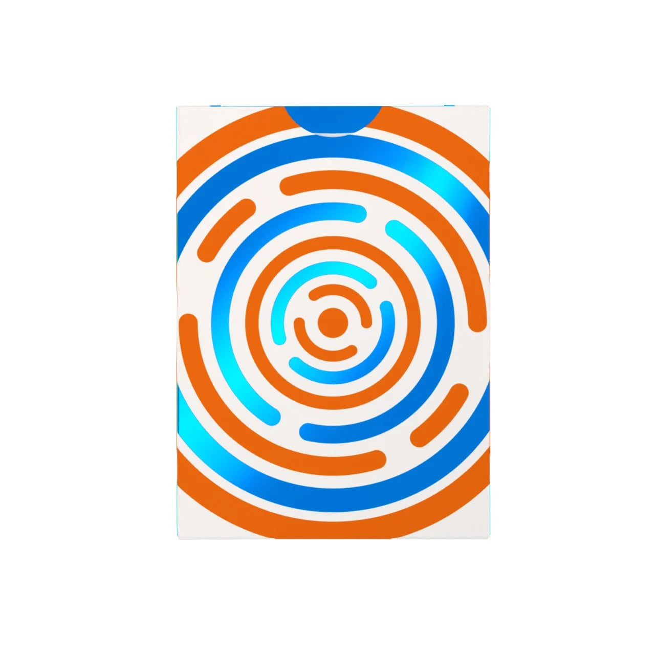 Back of Bicycle Hypnosis Blue tuck box with blue and orange circular design