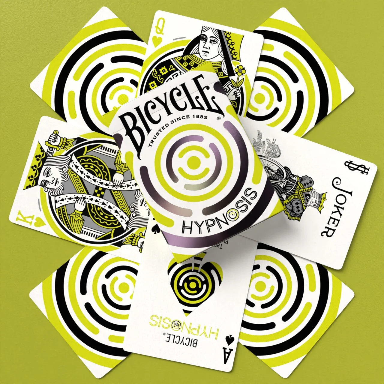 Bicycle Hypnosis Green playing cards with custom faces and hypnotic back