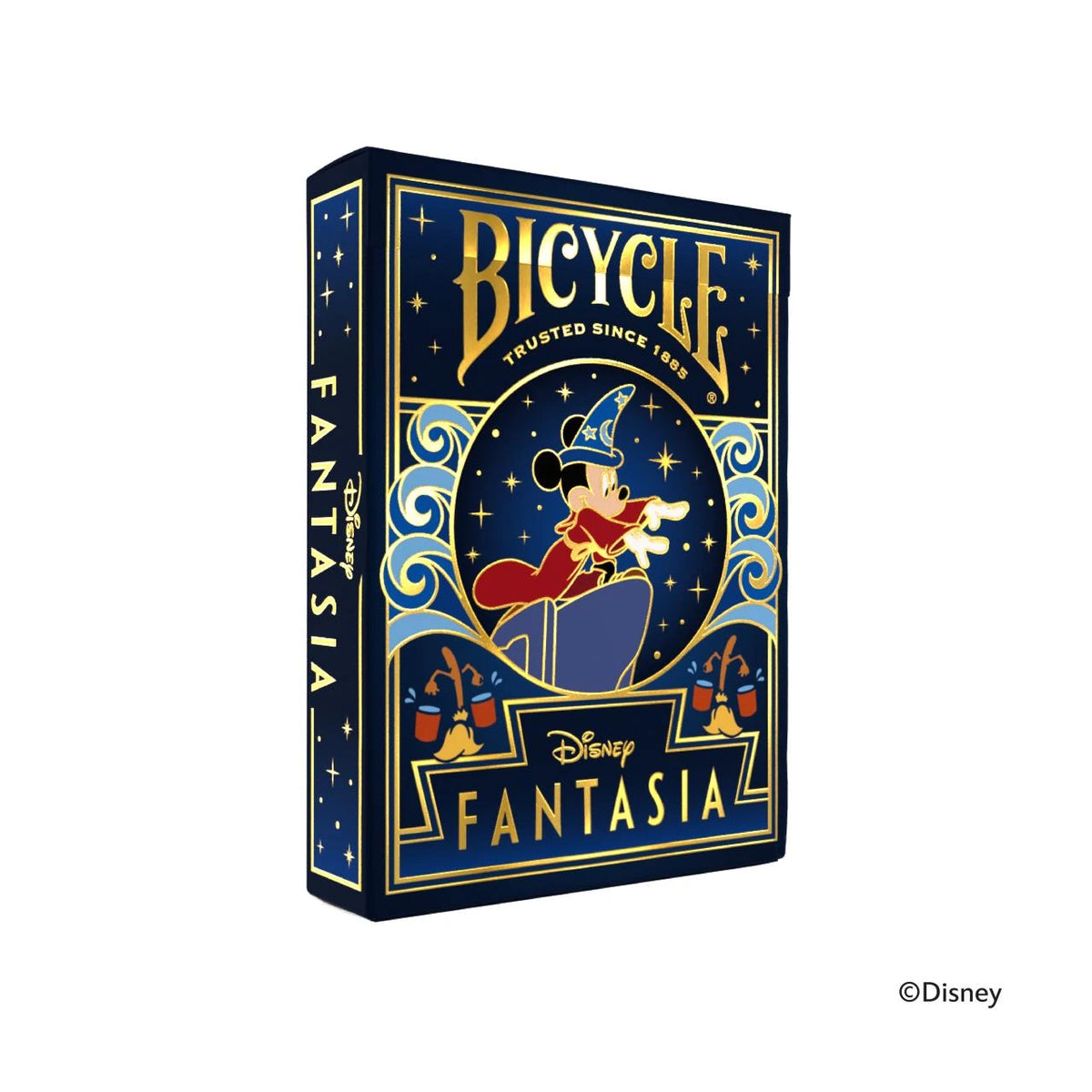 Bicycle Disney Fantasia navy tuck box with gold foil, Sorcerer Mickey, stars, and enchanted broomsticks