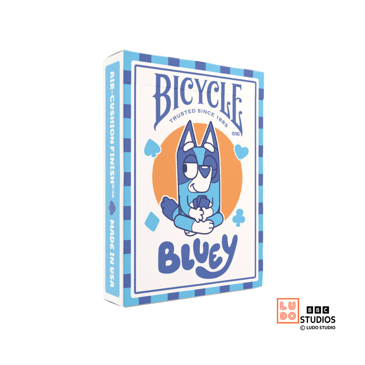 Bicycle Bluey tuck box featuring cartoon Bluey in front of orange sun with blue hearts and pips.