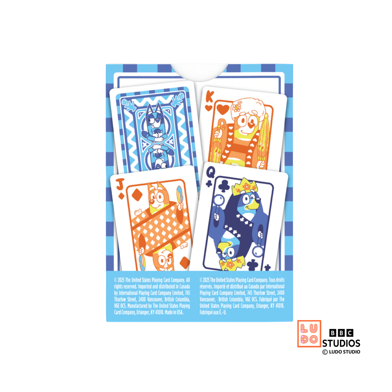 Back of Bicycle Bluey tuck showing sample character court cards including Bandit, Chilli, and Bingo