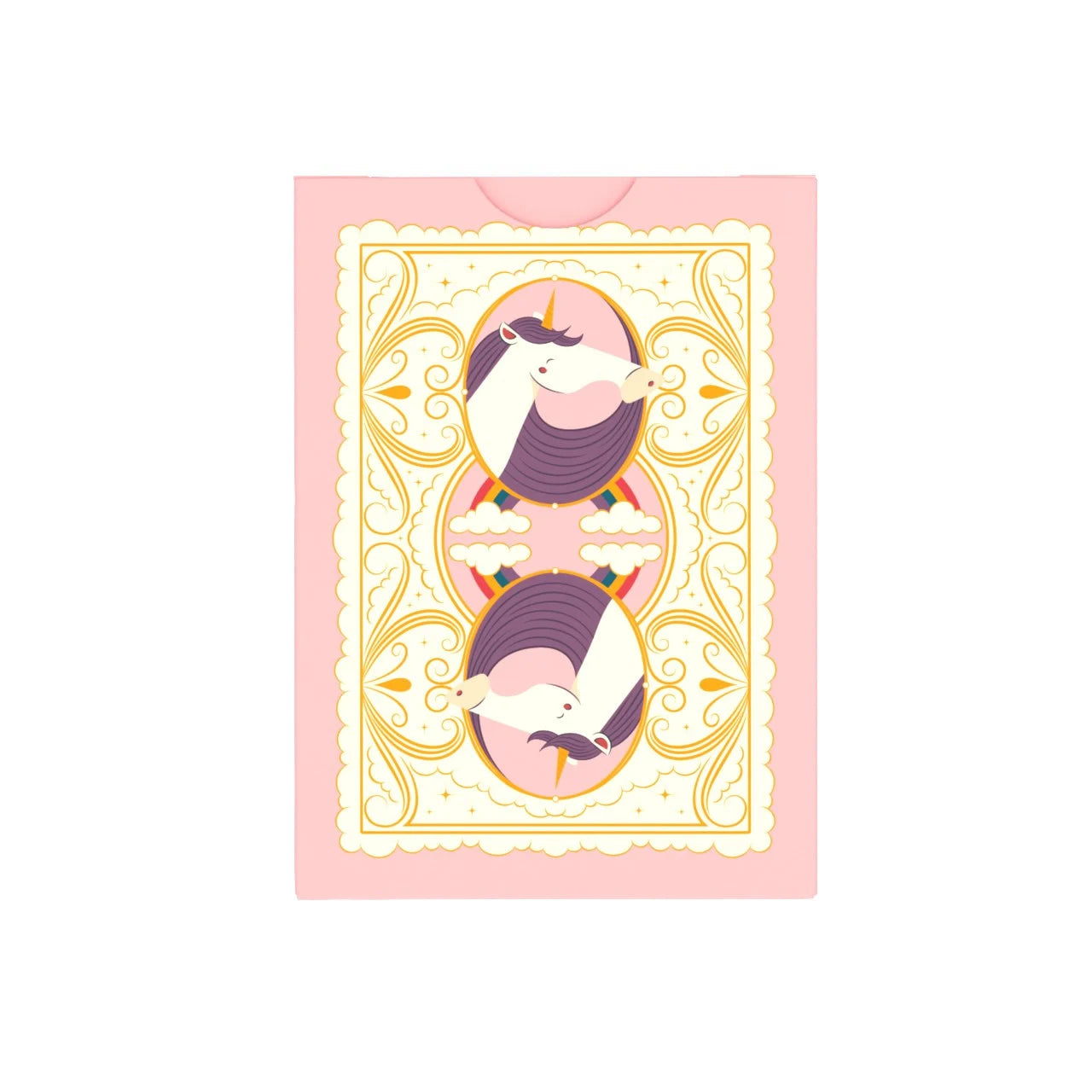 Back of Bicycle Unicorn Pink tuck box with mirrored unicorn card-back design