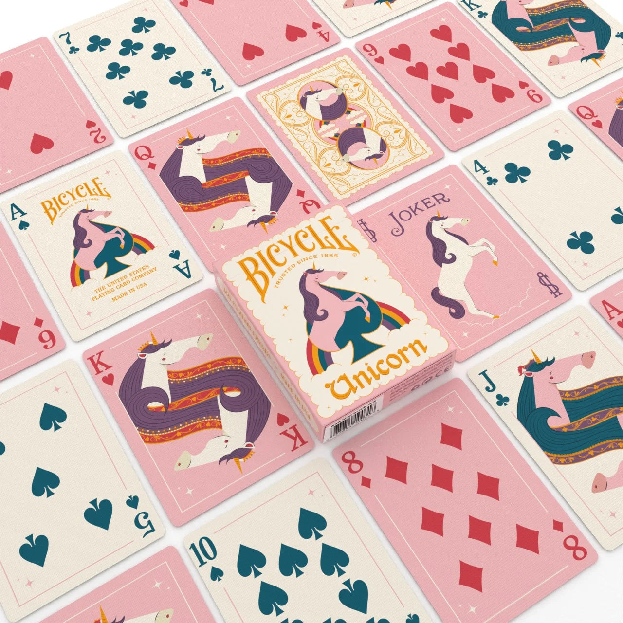 Bicycle Unicorn Pink deck with custom faces, card backs and tuck box