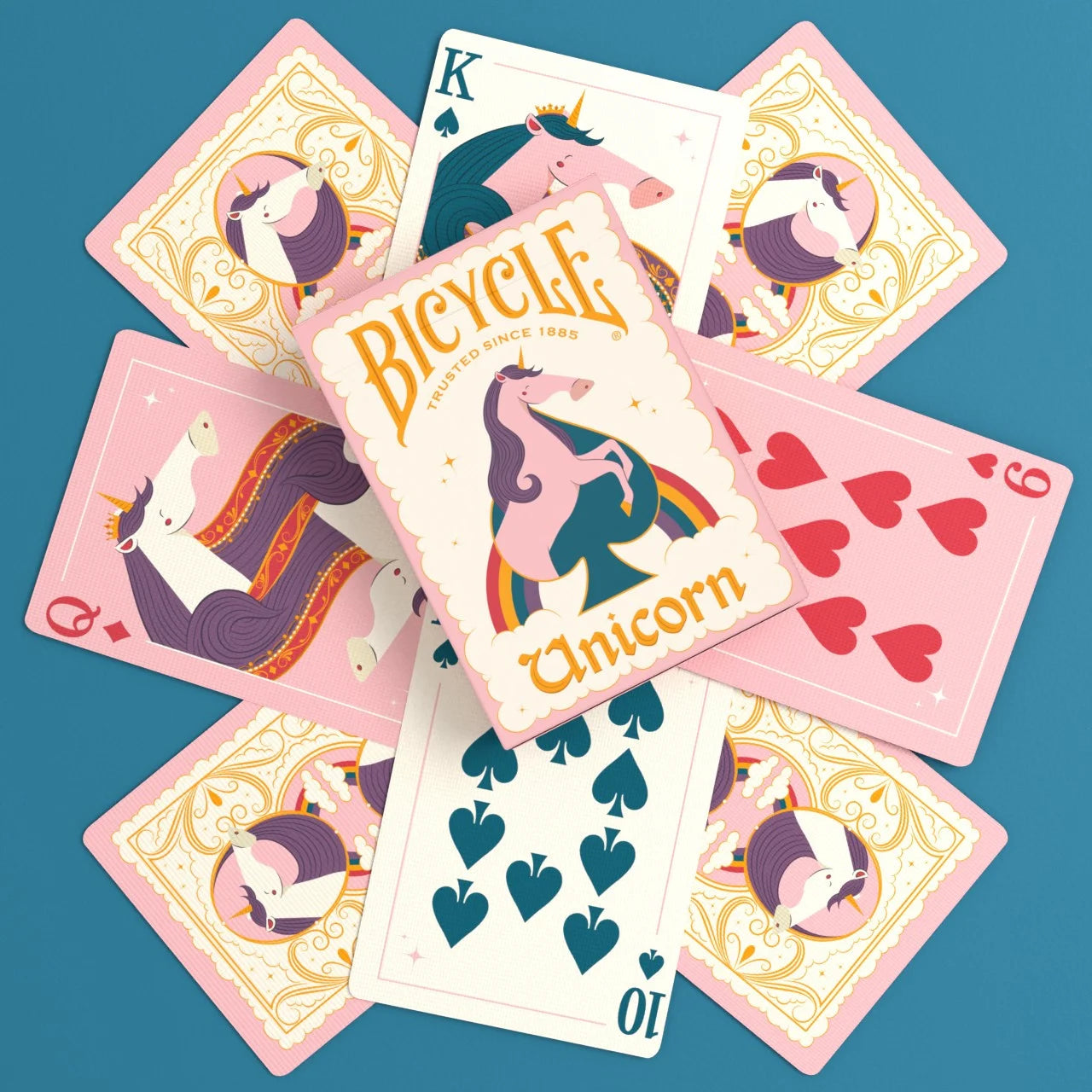 Bicycle Unicorn Pink custom card spread with unicorn Joker and pastel pips