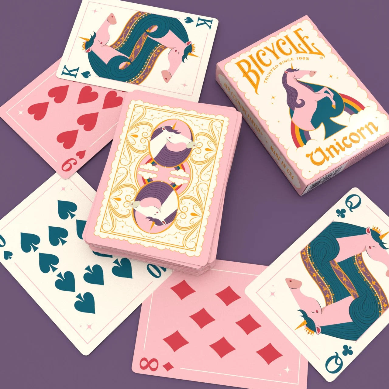 Bicycle Unicorn Pink playing cards with custom unicorn courts and pink backs