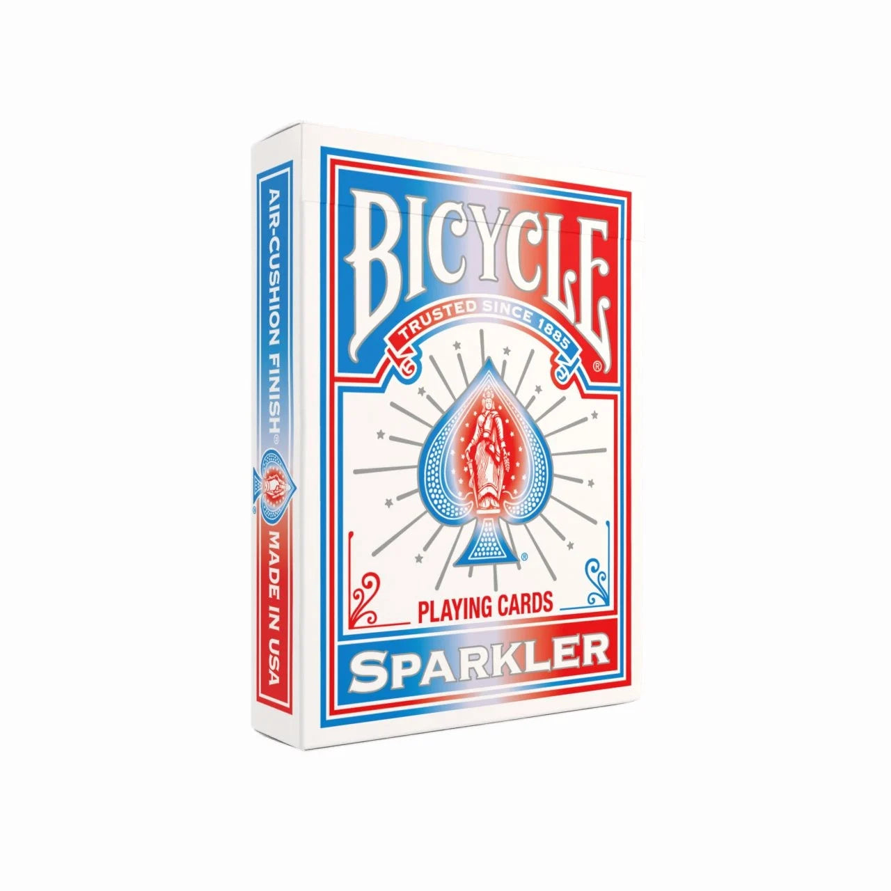 Front angled view of Bicycle Sparkler Playing Cards tuck box with glowing custom spade emblem and Bicycle branding