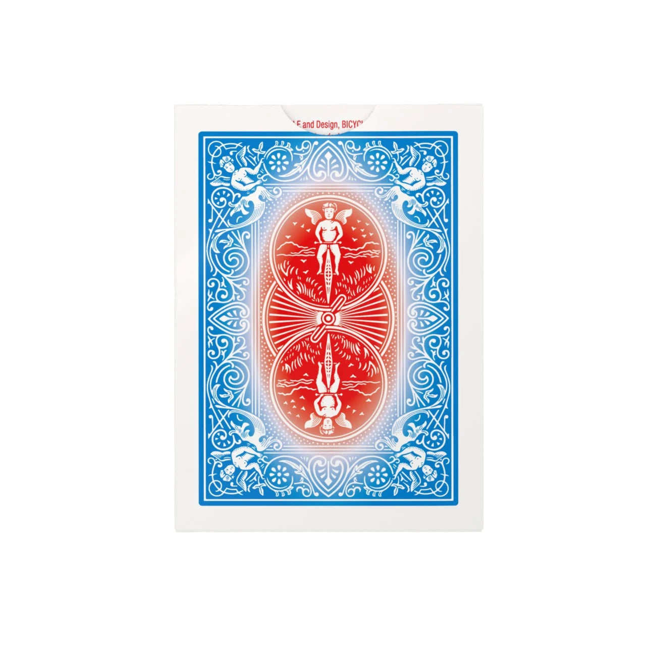 Back of Bicycle Sparkler Playing Cards tuck box showing blue and red rider back card design