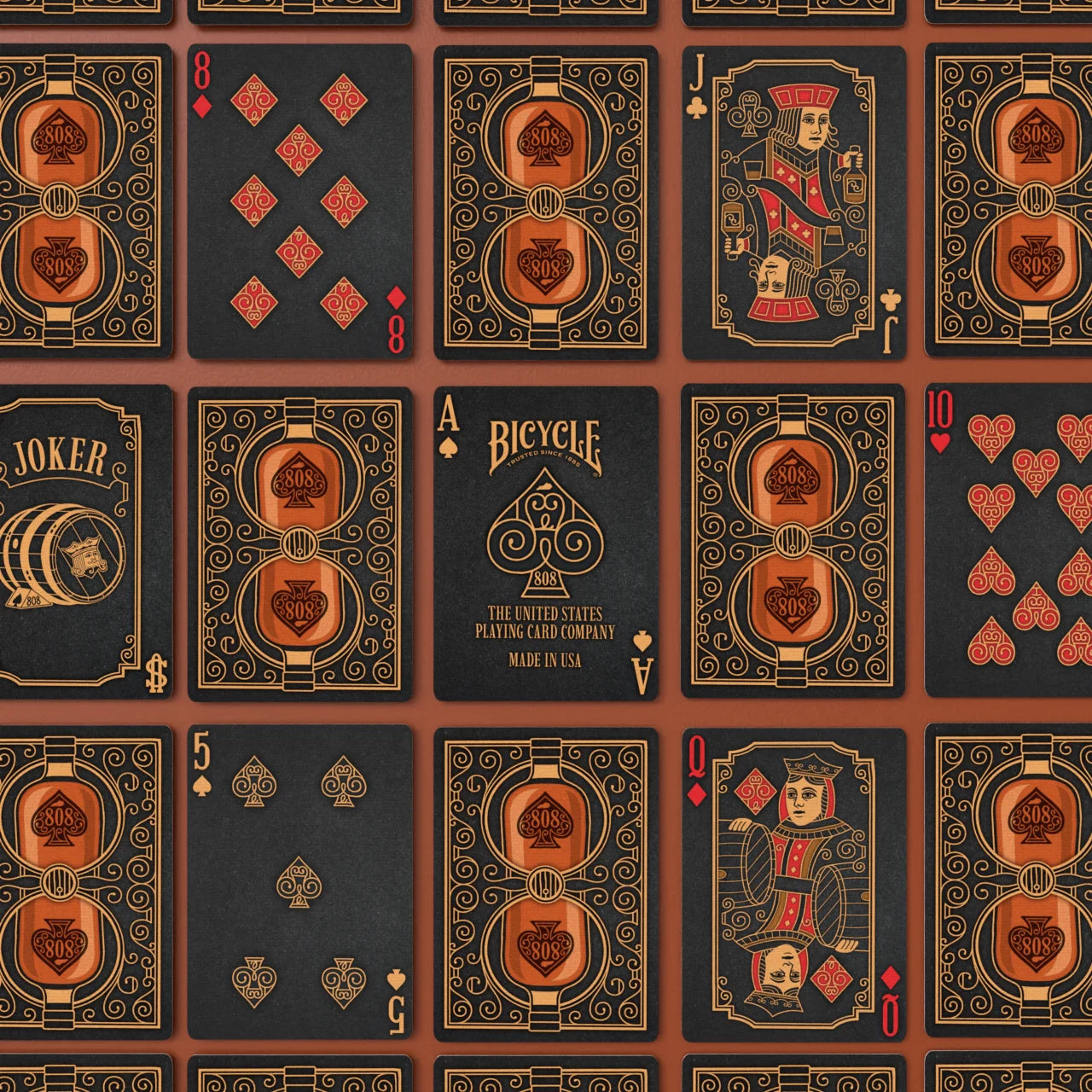 Bicycle Bourbon Black Label playing cards showing custom pips, courts and backs