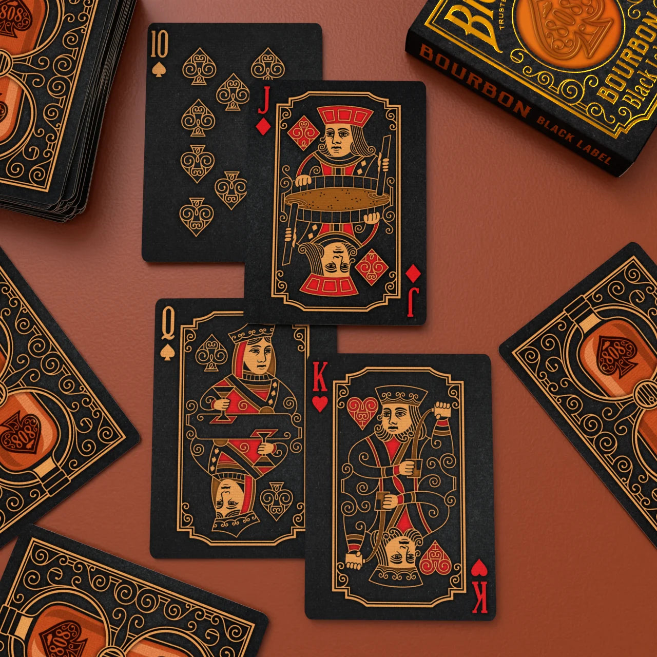 Bicycle Bourbon Black Label custom court cards with amber and red details
