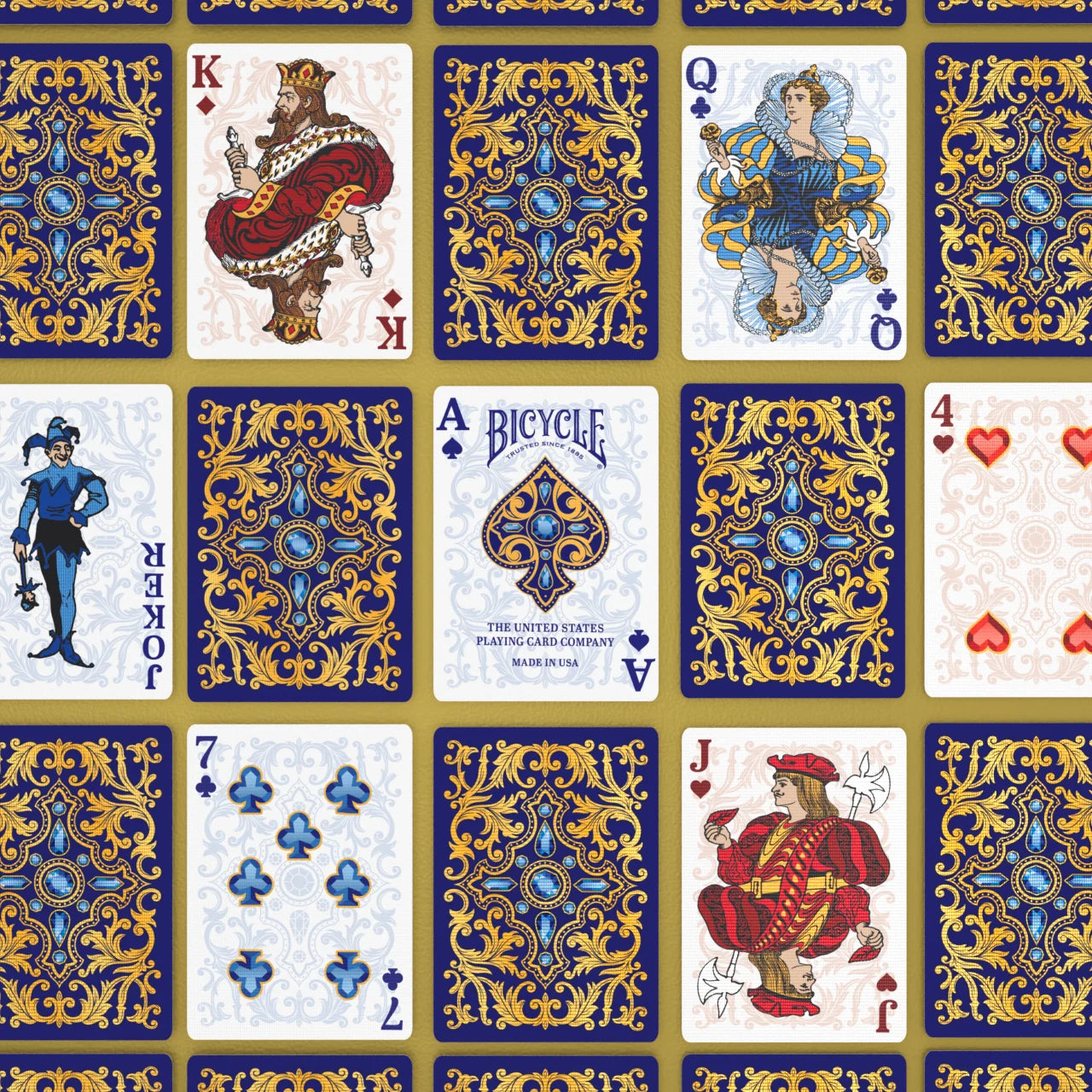 Bicycle Royal card grid with custom Ace, Joker, courts, pips and backs