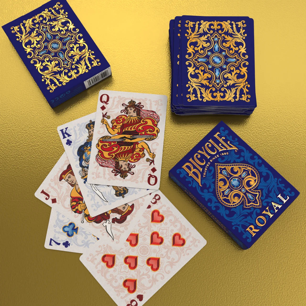 Bicycle Royal playing cards showing jewel-inspired backs and court cards