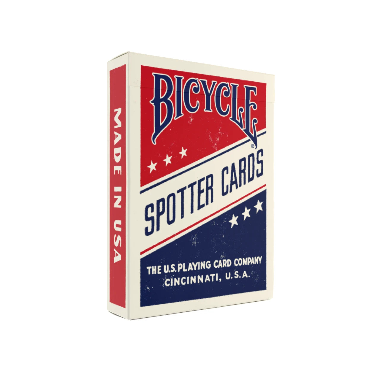 Bicycle Spotter Red tuck box with vintage red and blue military-style design