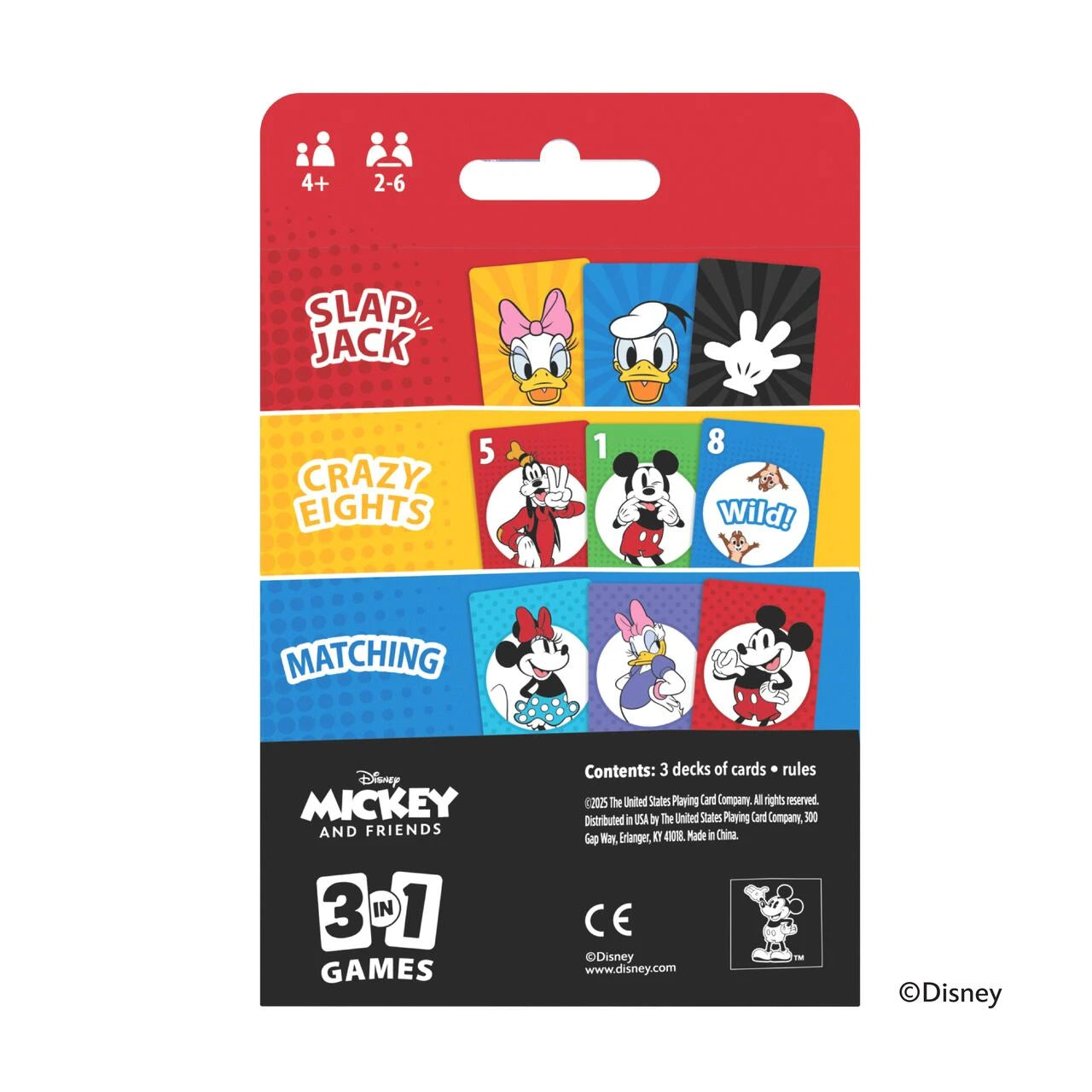 Back of Bicycle Disney Mickey and Friends 3 in 1 card games package with Matching, Crazy Eights, and Slap Jack