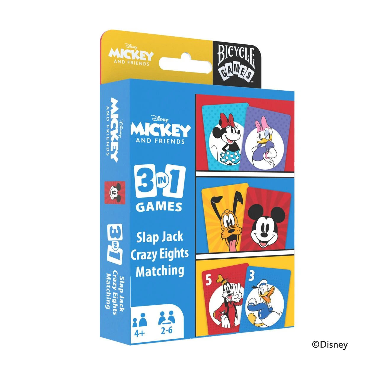 Bicycle Disney Mickey and Friends 3 in 1 card games box with Mickey, Minnie, Daisy, Donald, and Goofy artwork