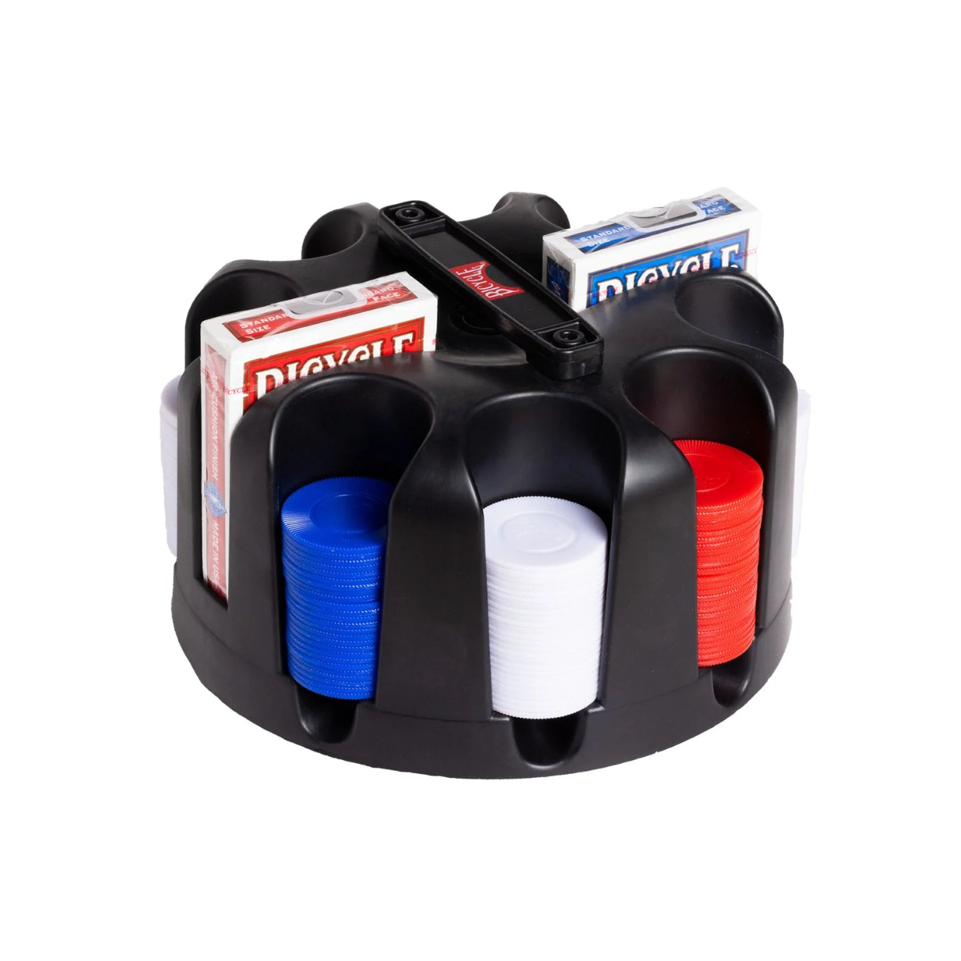 Black poker chip holder with card deck slots on a white background