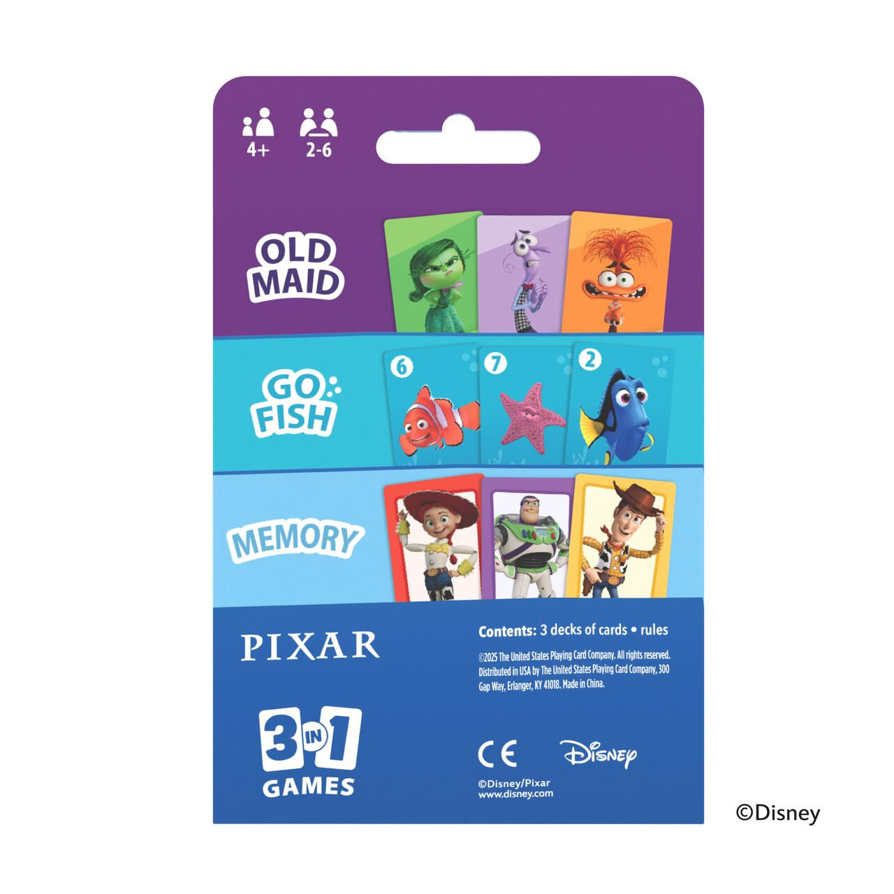 Back of Bicycle Disney Pixar 3 in 1 card games package with Old Maid, Go Fish, and Memory
