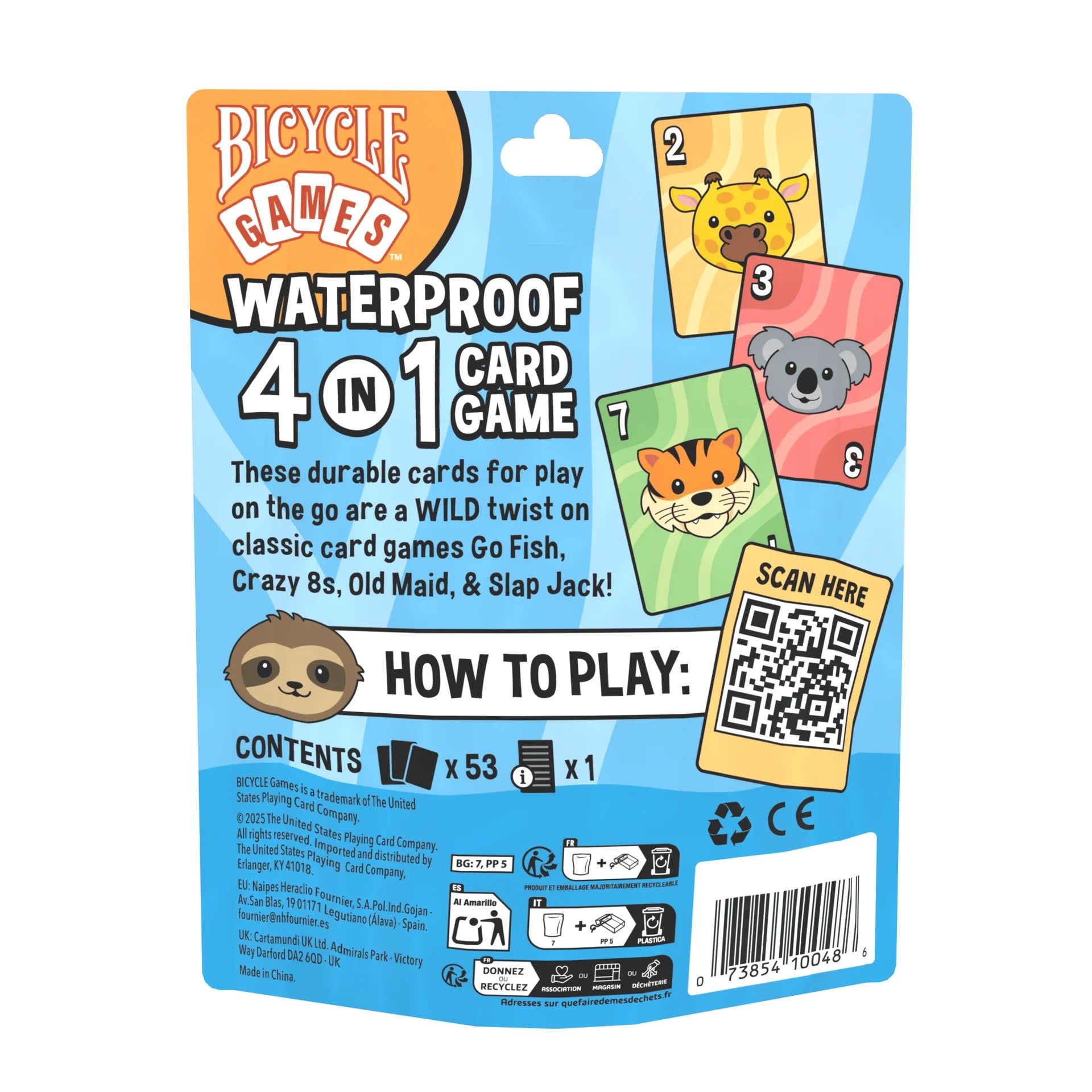 Back of Bicycle Games Waterproof 4 in 1 package showing contents and how to play QR code