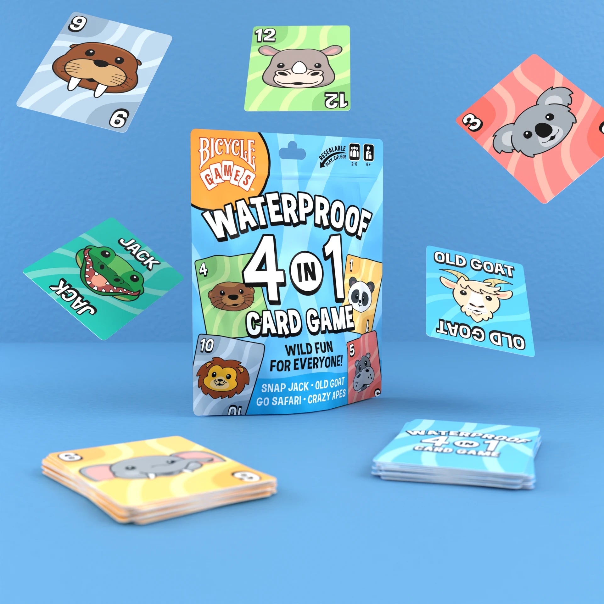 Bicycle Games Waterproof 4 in 1 card game package with animal cards on blue background