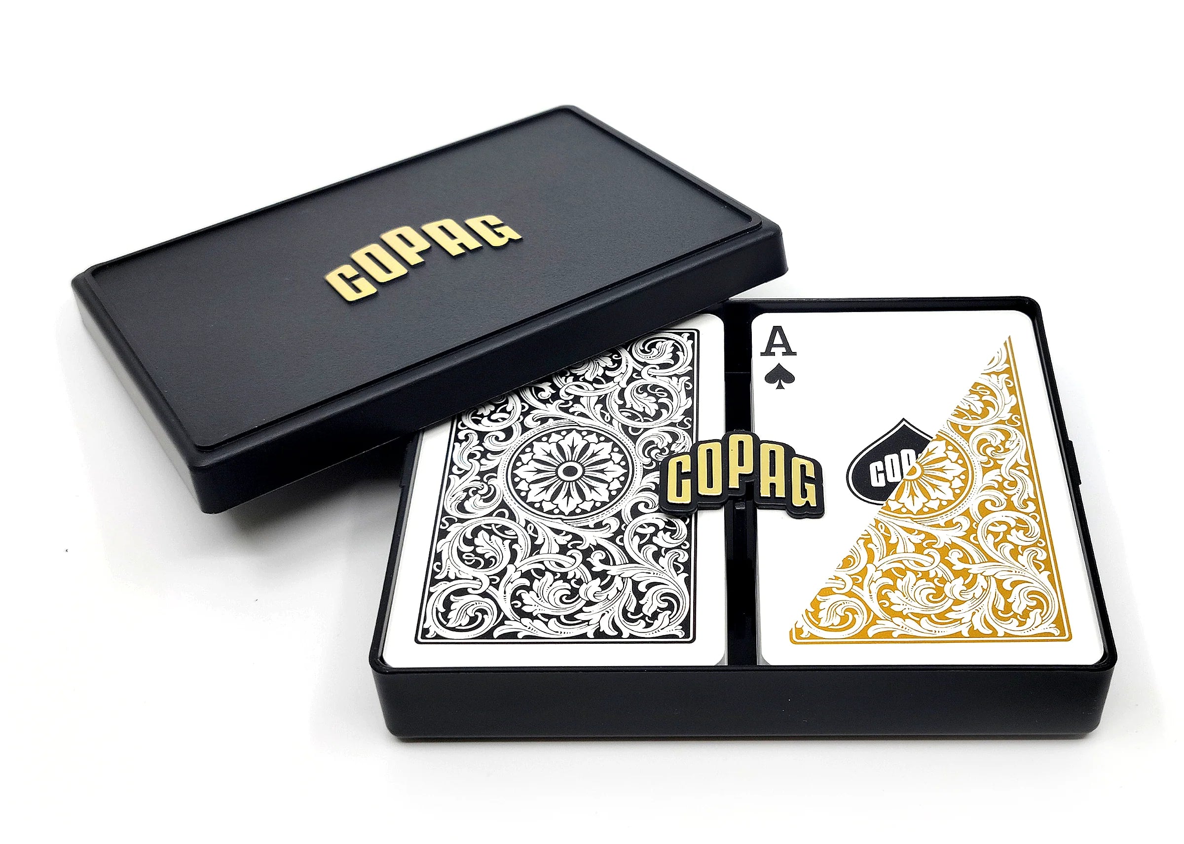 Black and gold playing cards with Copag branding on a white background