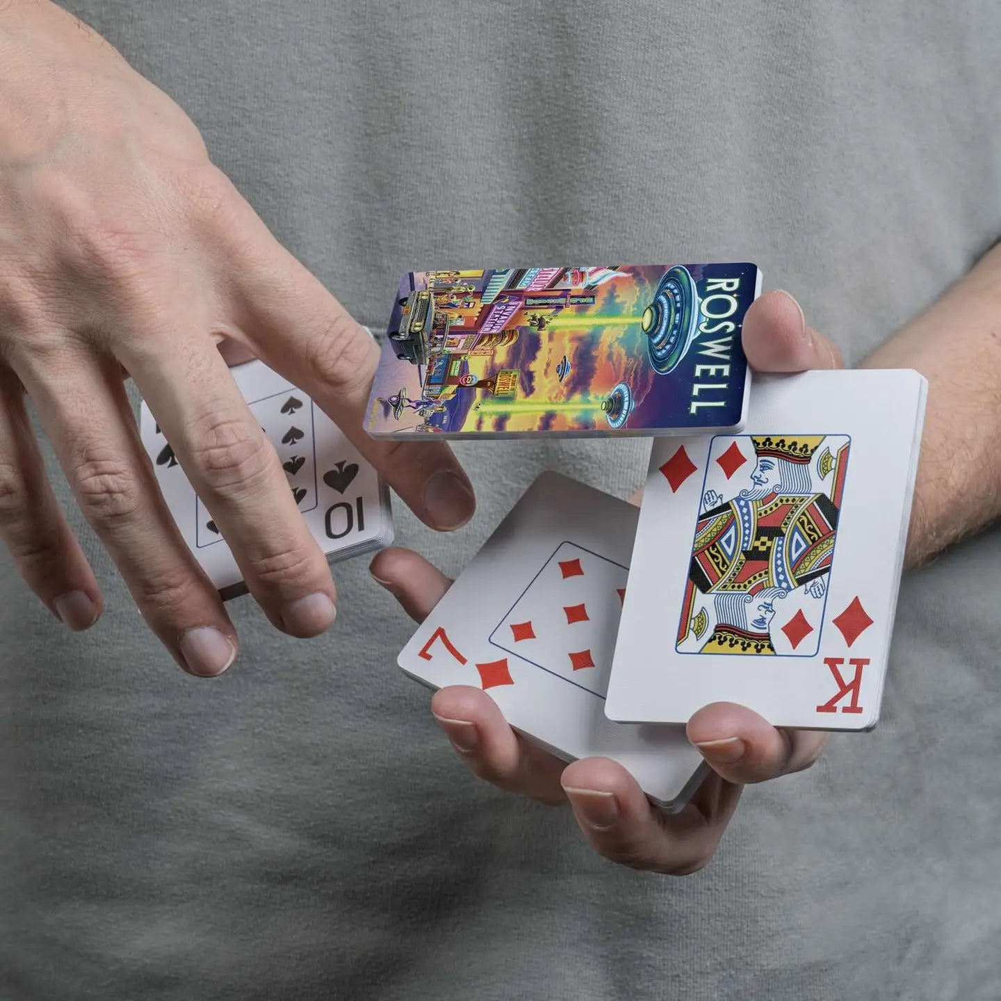 Roswell scenic playing cards displayed in a cascading spring