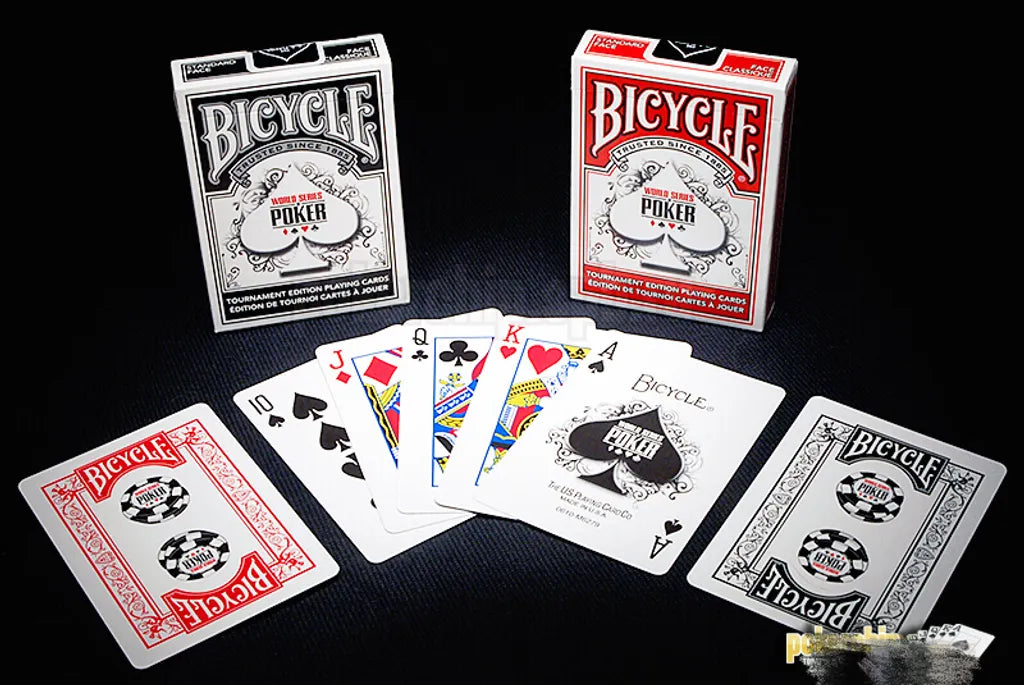 Bicycle World Series of Poker cards with packaging on a dark surface