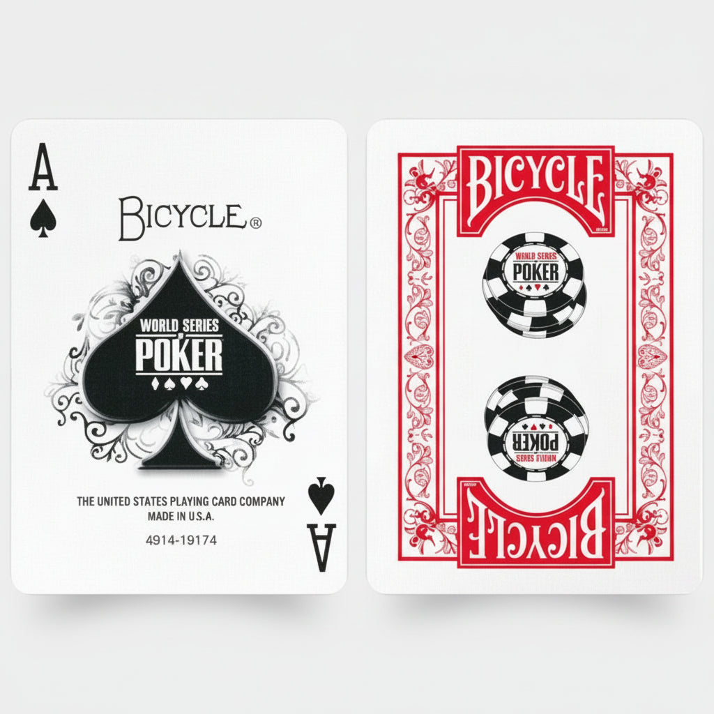 Two Bicycle World Series of Poker playing cards on a white background