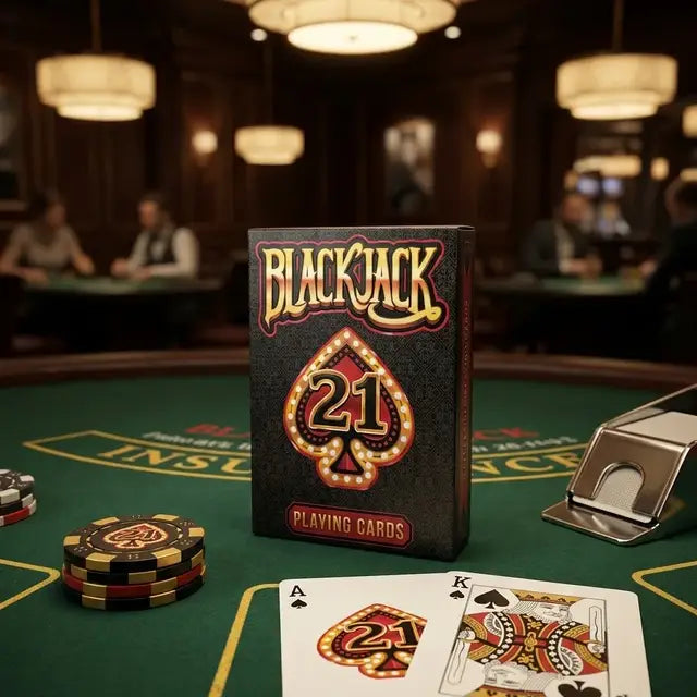 BlackJack 21 Playing Cards tuck box front and back with red black and gold card-back design