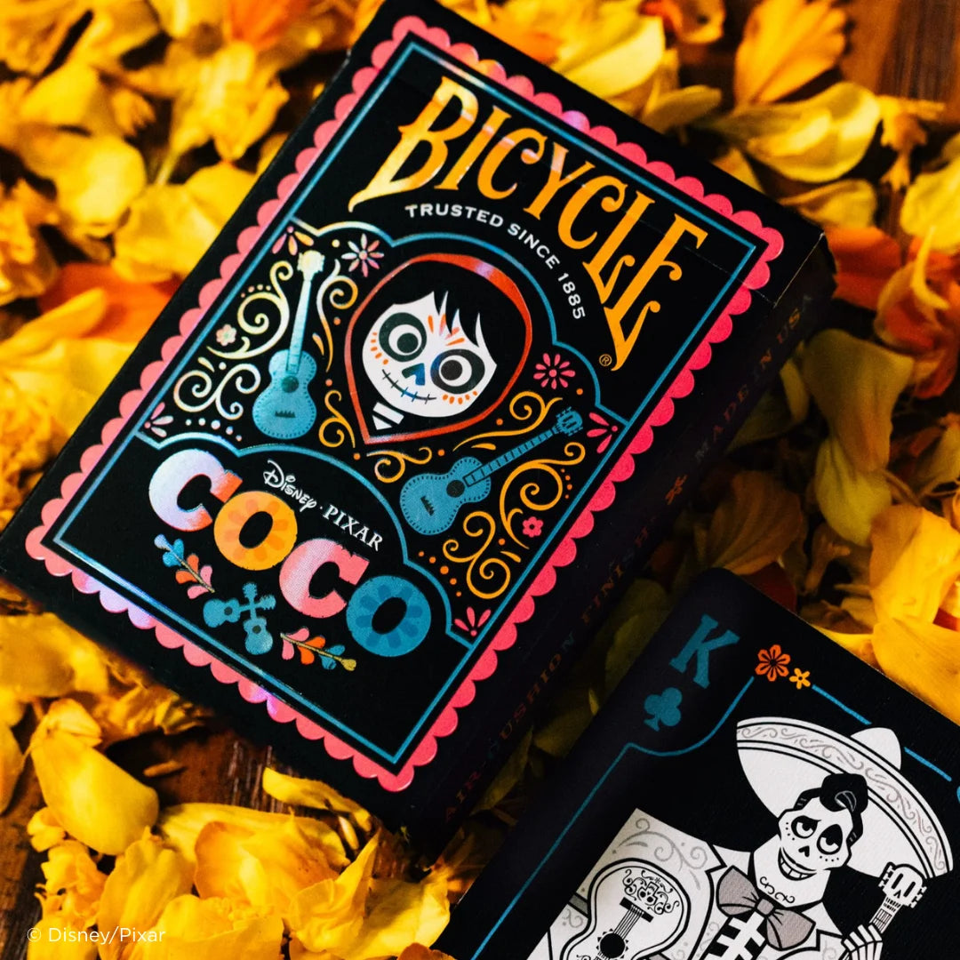 Close-up of Bicycle Disney Coco playing-card tuck box artwork