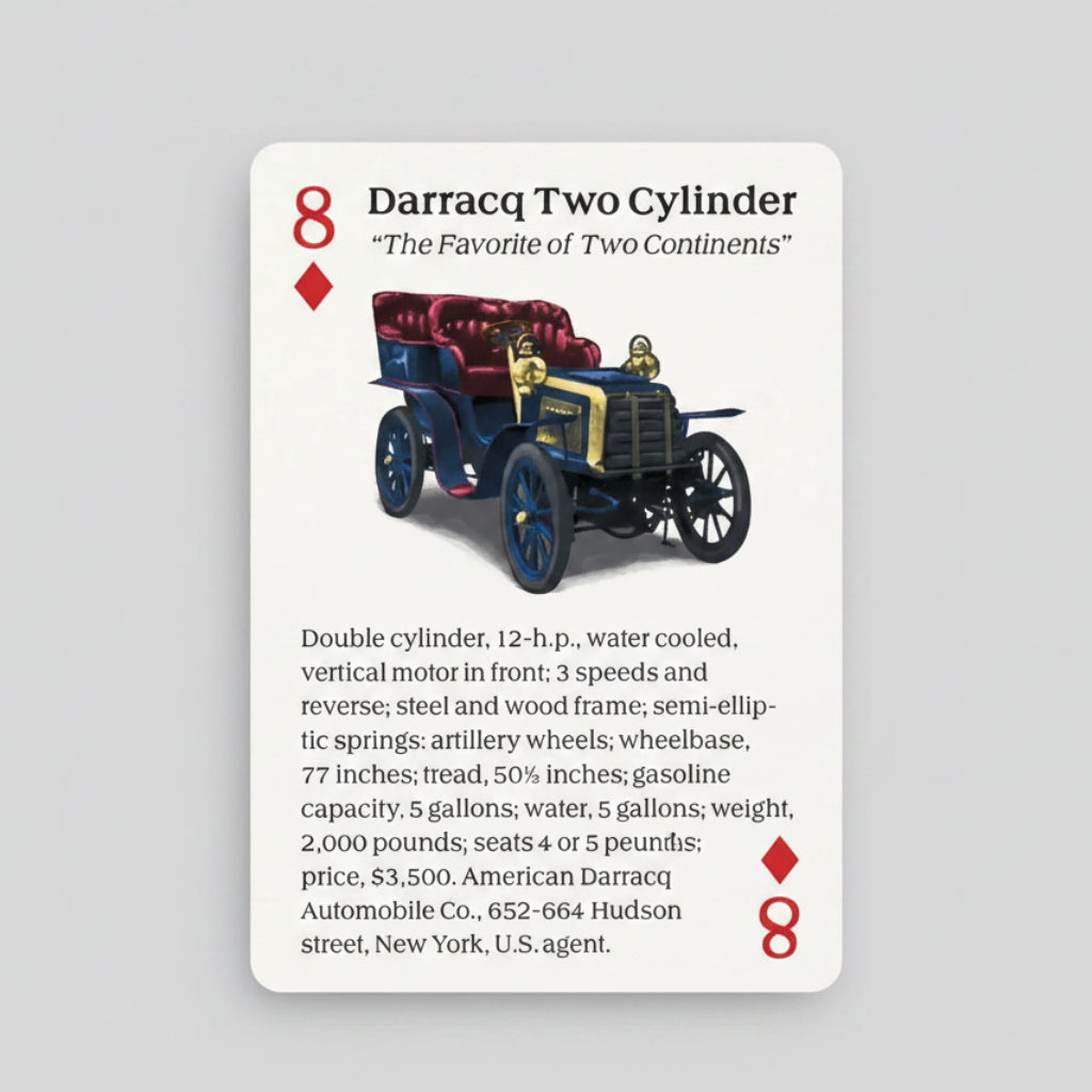 Turn of the Century Motor Cars Playing Cards by U.S. Games featuring early 1904 automobiles featuring Darracq Two Cylinder.