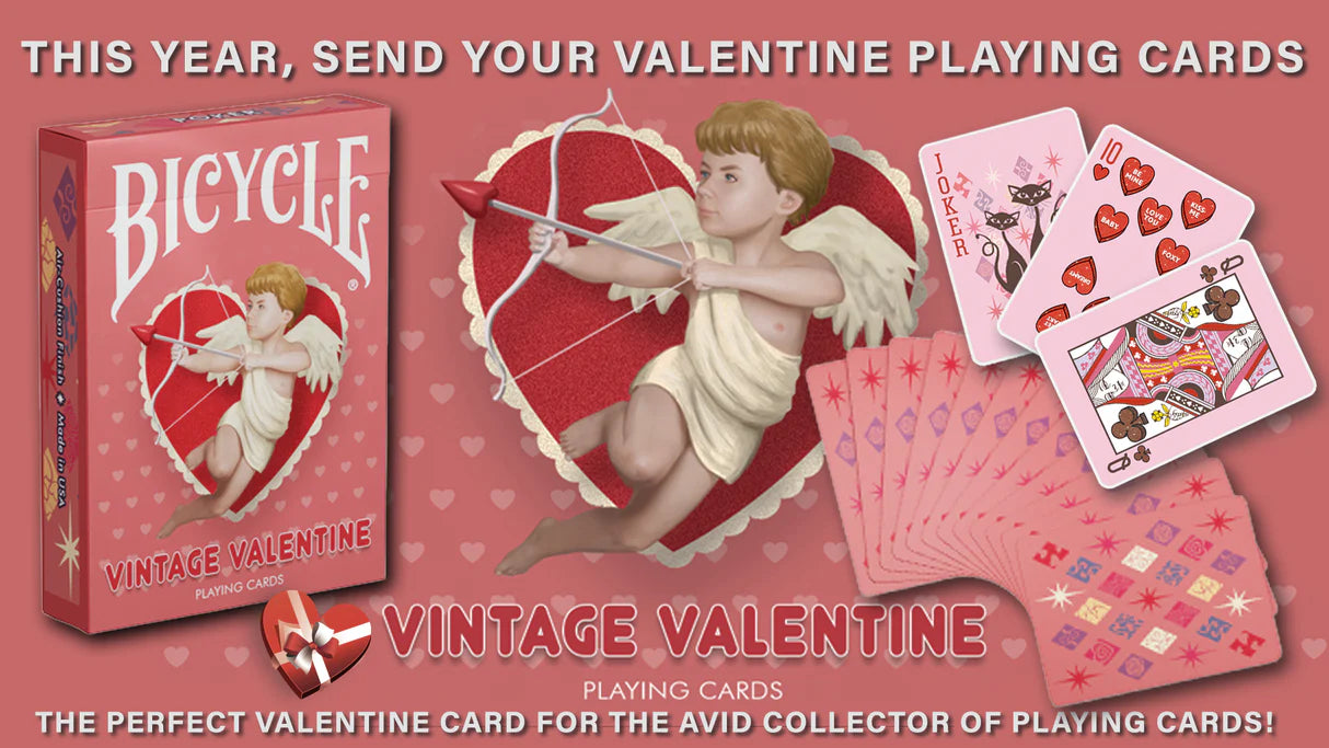 Bicycle Vintage Valentine playing cards with packaging and cards on a pink background