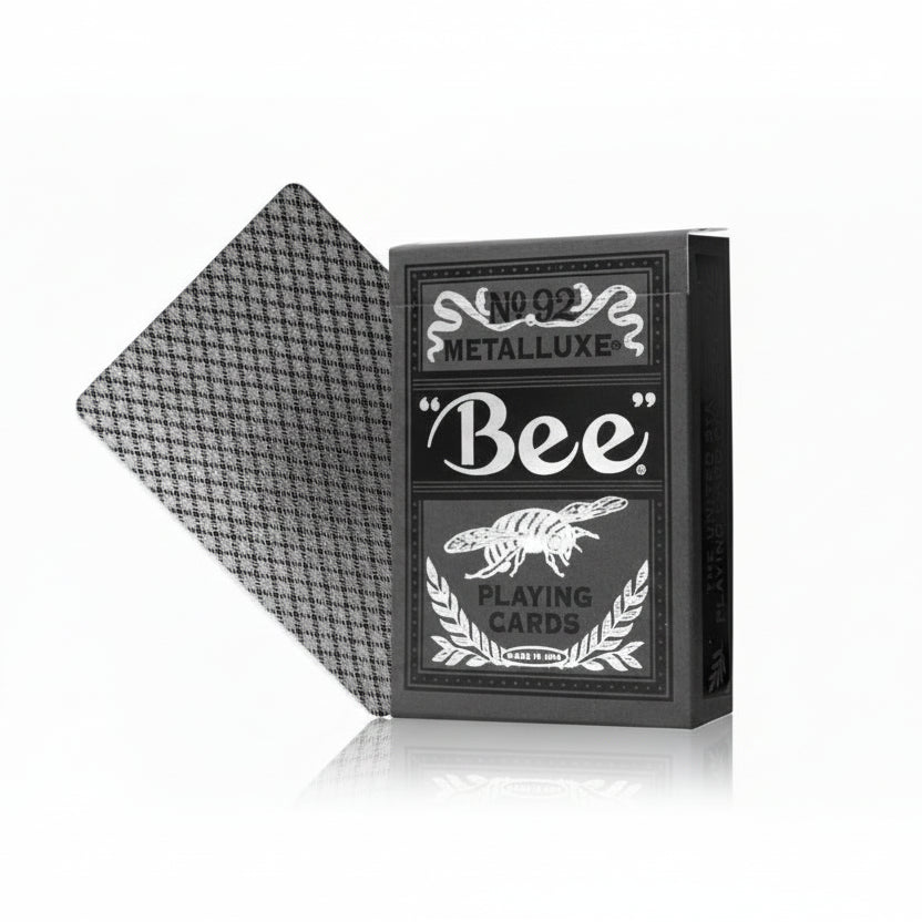 Black playing card box with 'Bee' branding on a white background