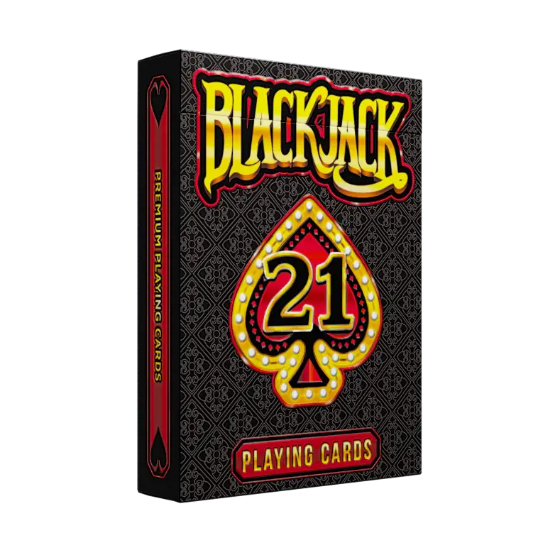 BlackJack 21 Playing Cards black tuck box with illuminated 21 spade emblem