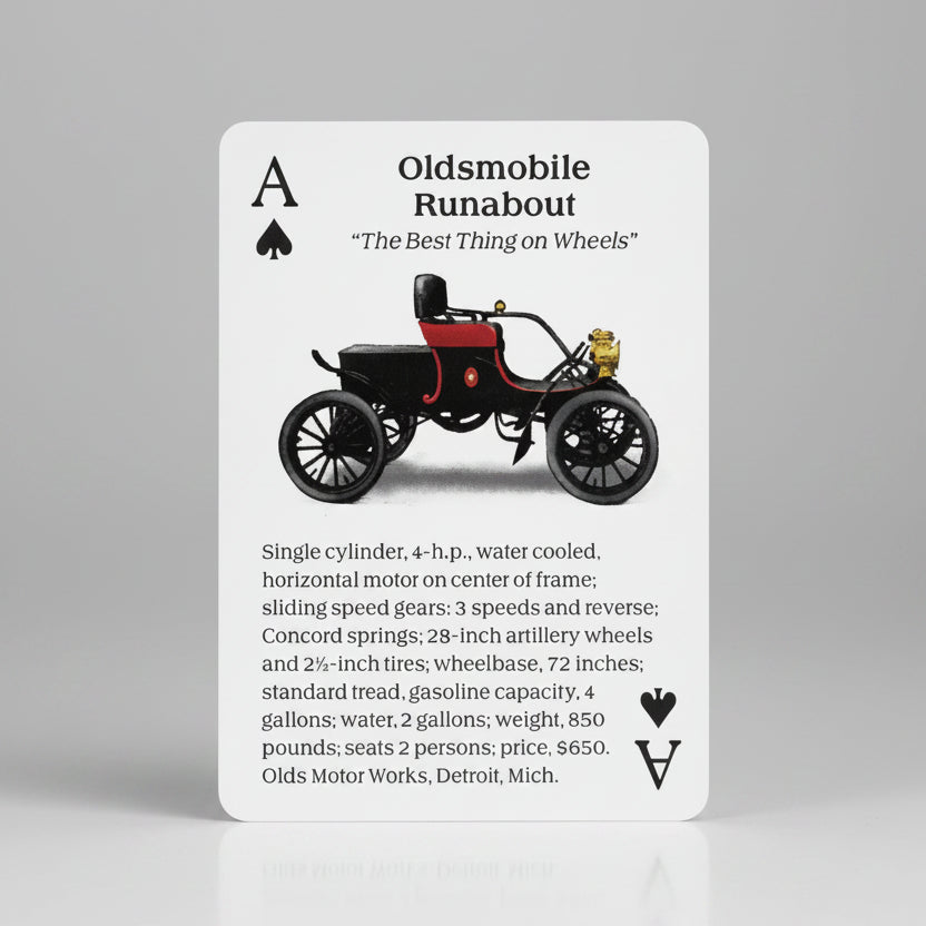 Turn of the Century Motor Cars Playing Cards by U.S. Games featuring early 1904 automobiles featuring Oldsmobile Runabout.
