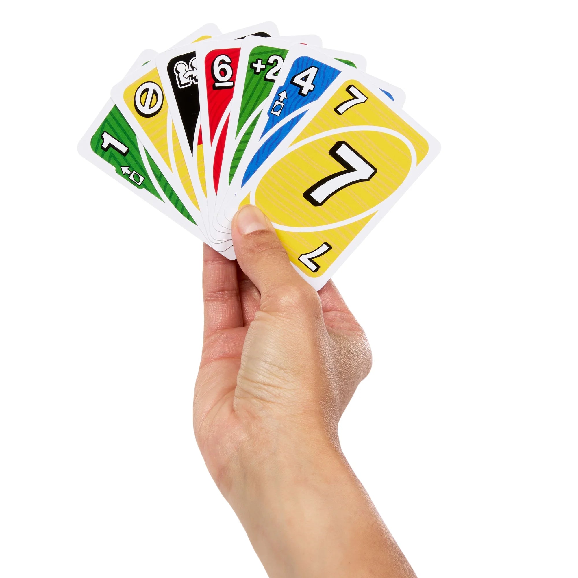 Hand holding a set of colorful UNO Teams game cards on a white background