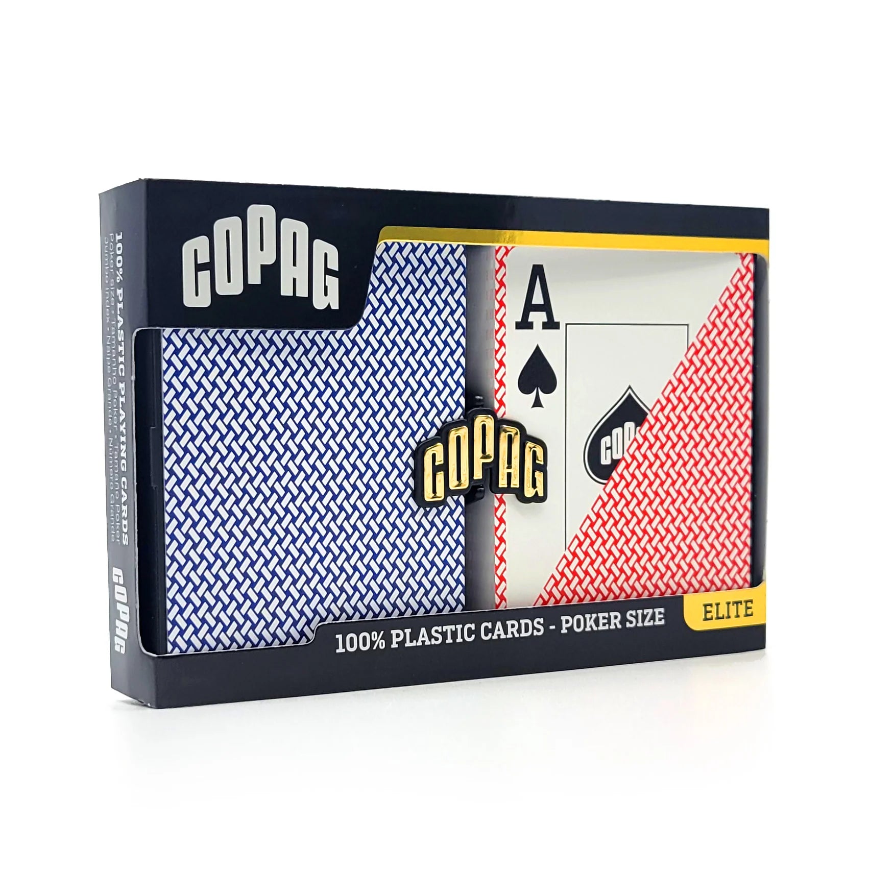 Box of Copag Export Poker Size Jumbo Index (Blue & Red) playing cards with two card faces showing on a white background