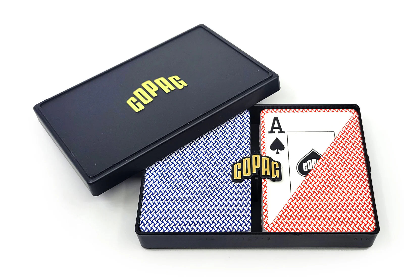 Two decks of Copag Export Poker Size Jumbo Index (Blue & Red) playing cards with a black box on a white background