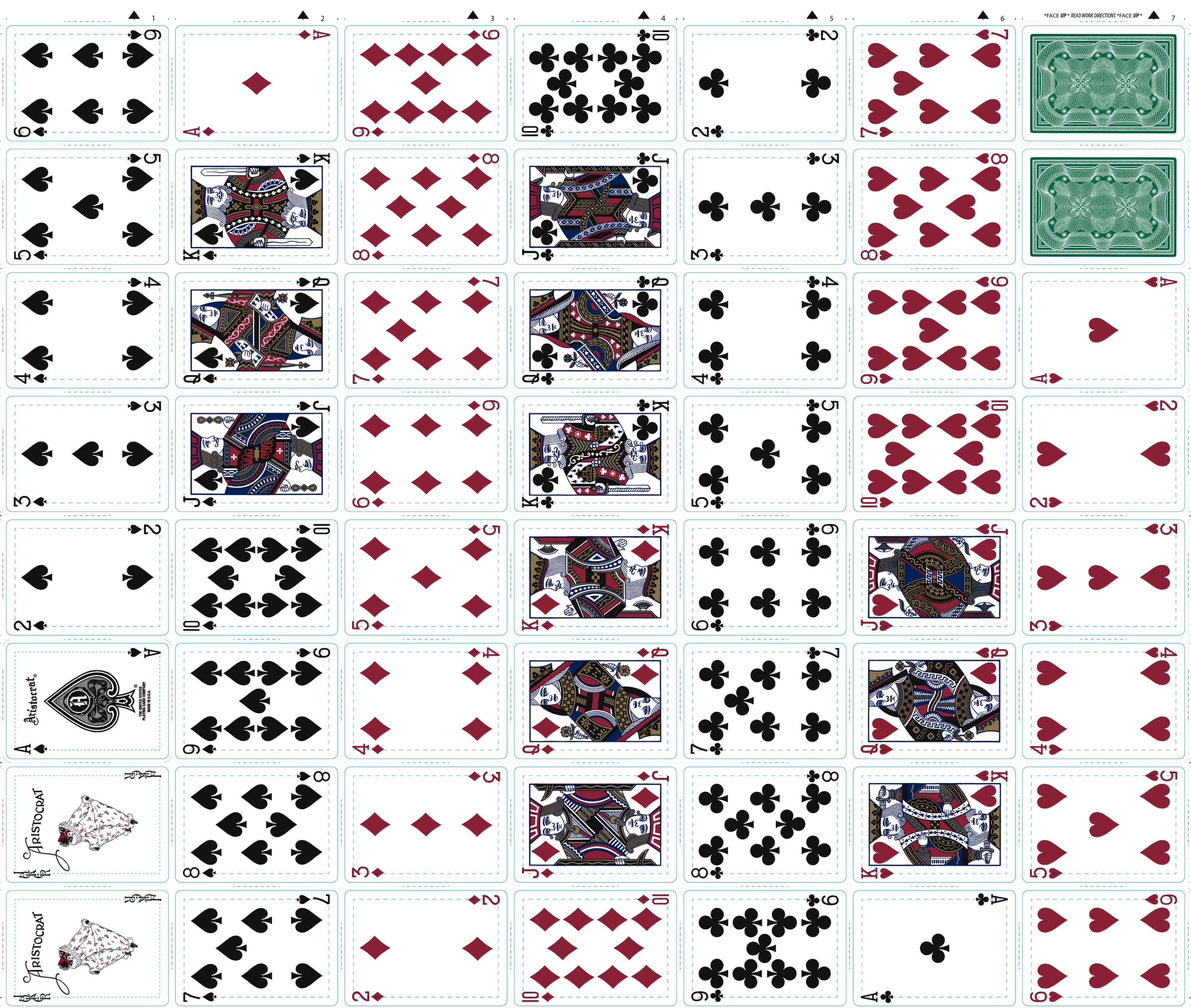 Aristocrat currency green playing card deck with all suits and ranks displayed.