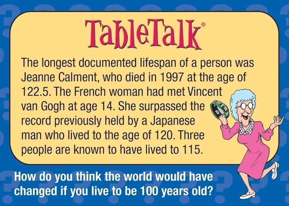 TableTalk example conversation card with longevity fact and family discussion question