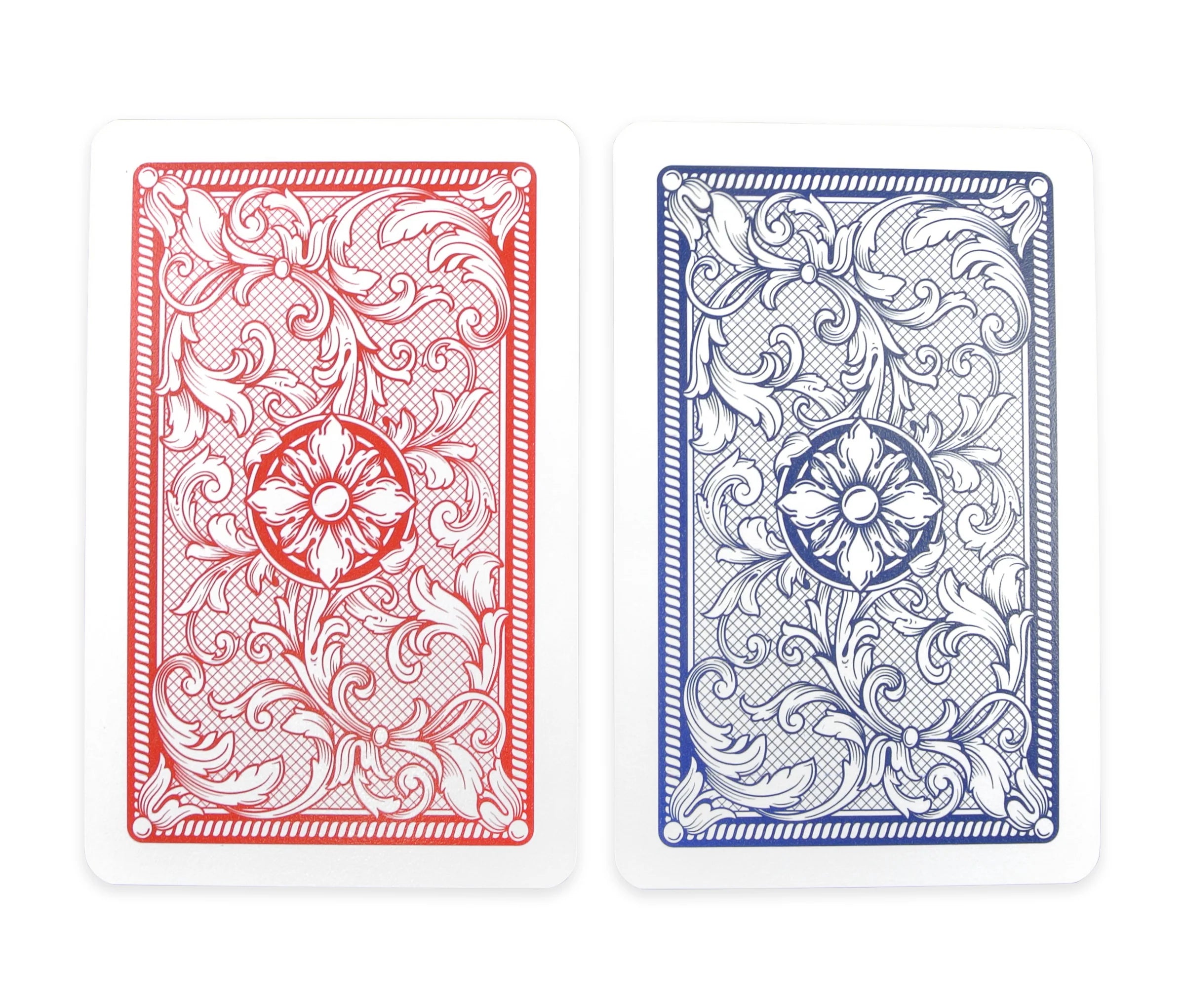 Two  Copag Legacy 4-Color Bridge Size Jumbo Index Playing Cards, one red and one blue, with intricate designs on a white background.