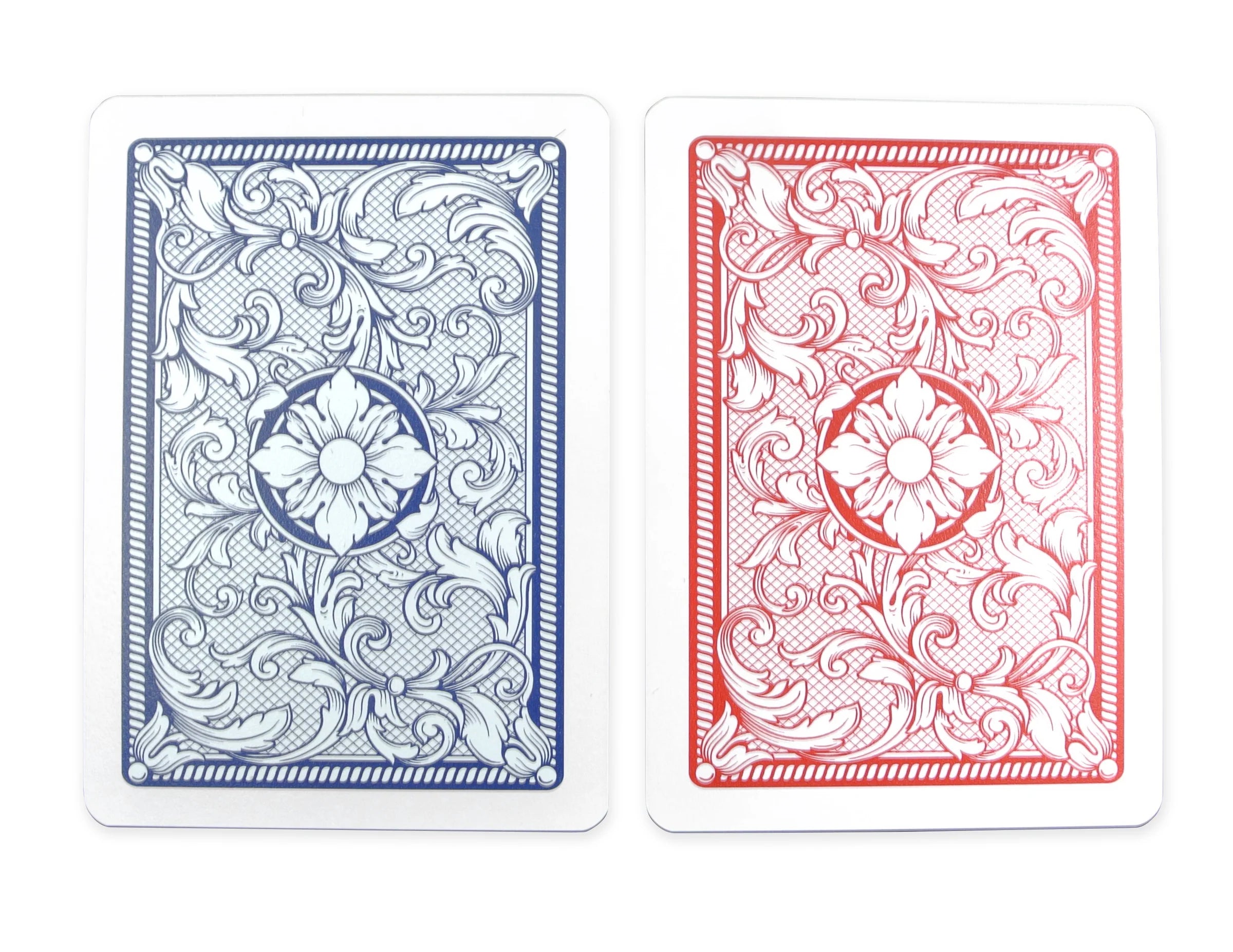 Two  Copag Legacy 4-Color Poker Size Jumbo Index Playing Cards, one blue and one red, with intricate designs on a white background.