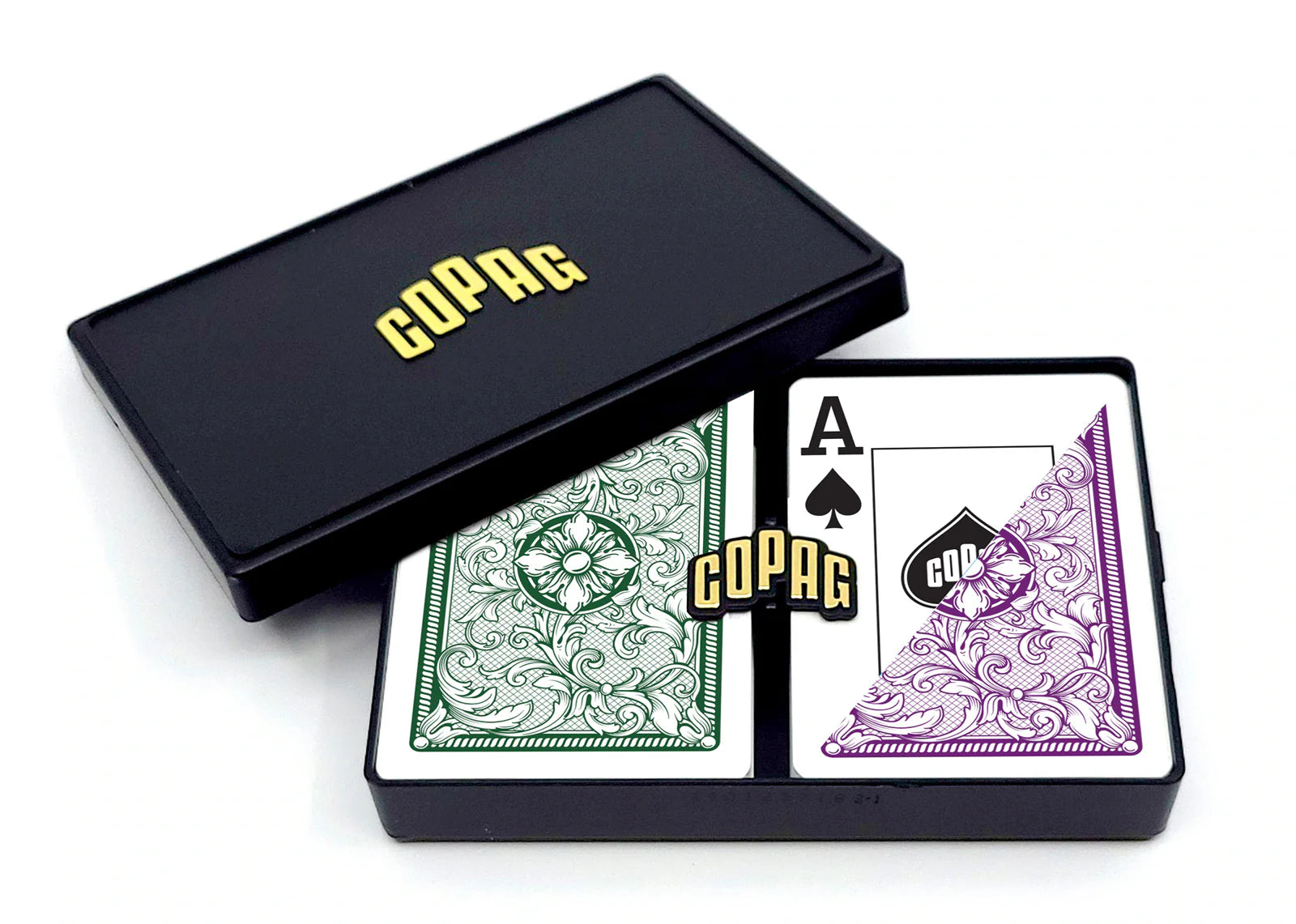 Copag Legacy Poker Size Jumbo Index (Green & Purple) playing cards with two card faces showing on a white background