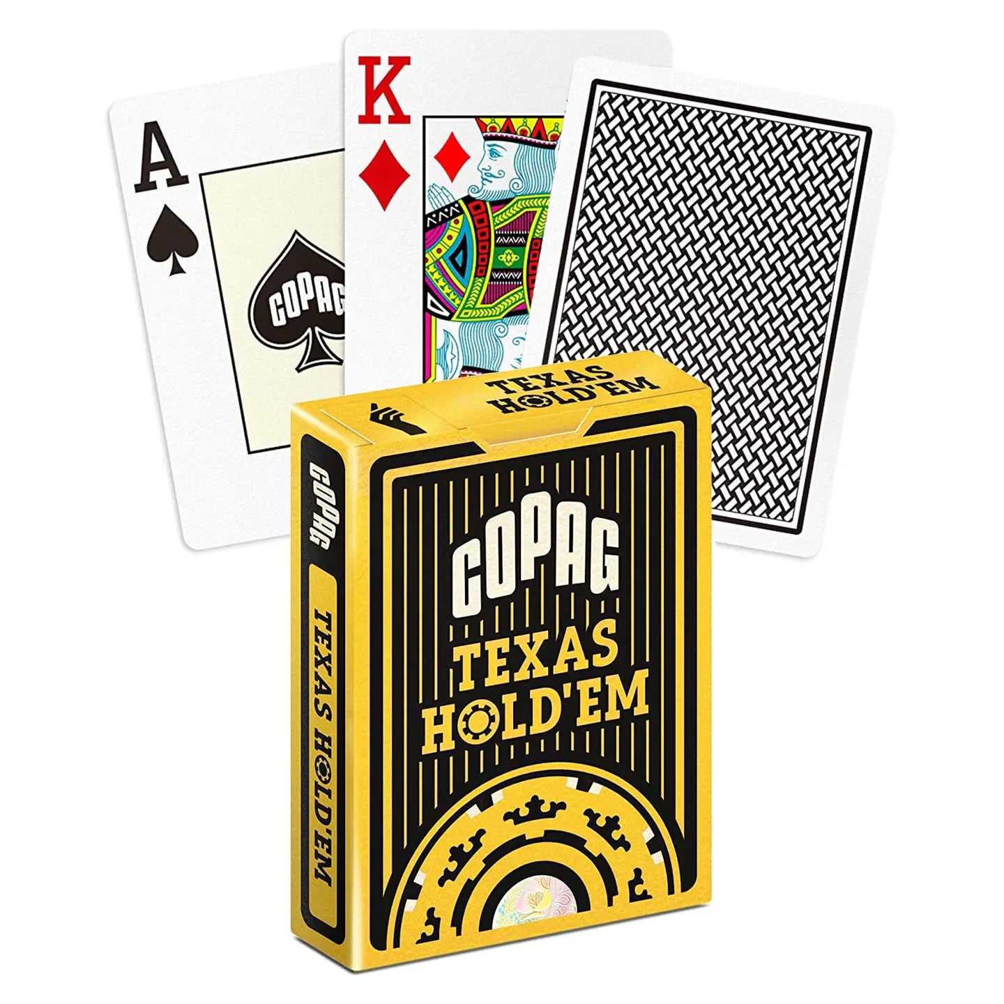 Yellow Copag Texas Hold'em playing card box with cards displayed on a white background