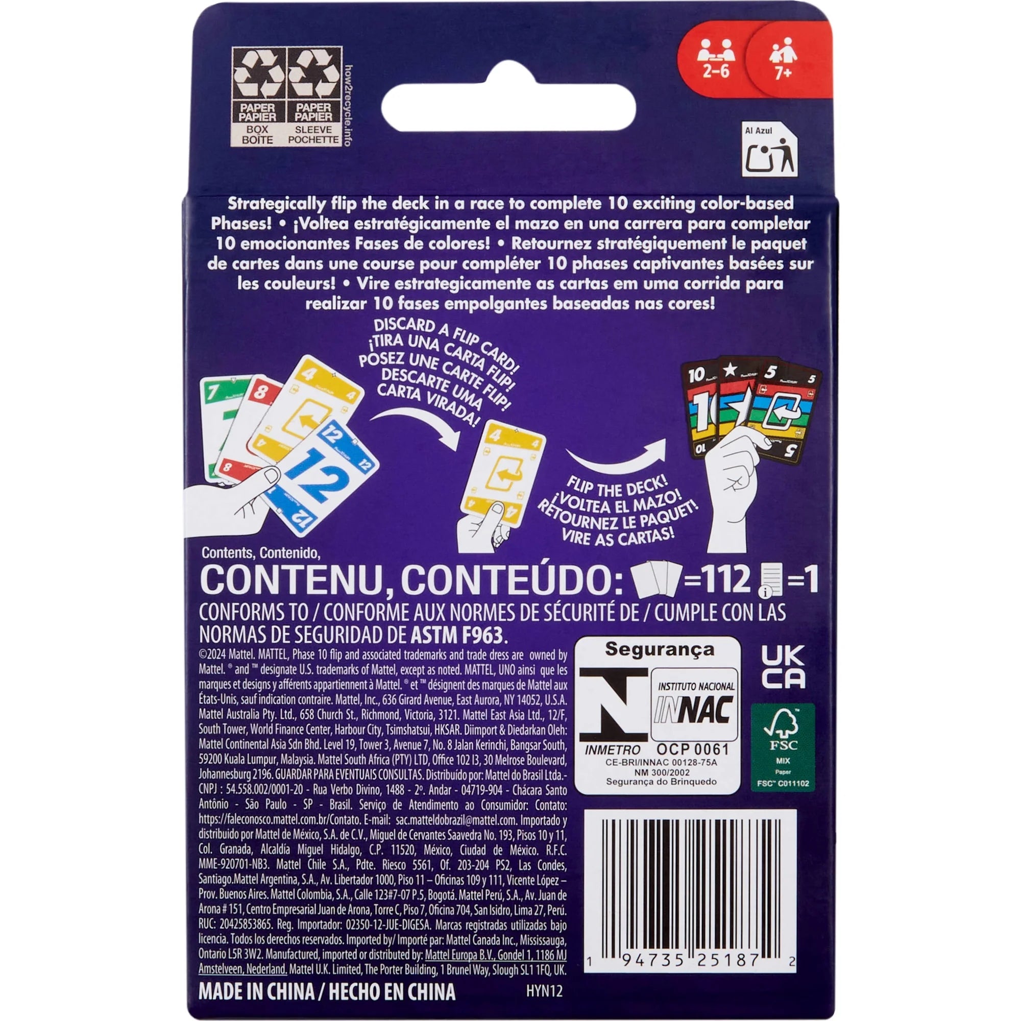 The back of a purple Phase 10 Flip card game box, showing product details, instructions, safety information, and a barcode on a white background.