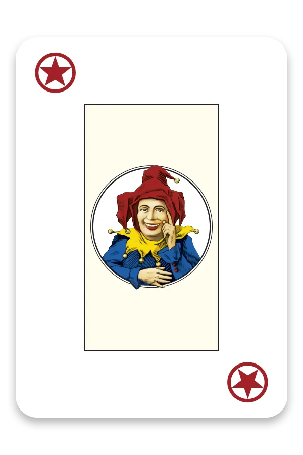 Card with a character in a red hat and blue outfit, surrounded by red stars on a white background