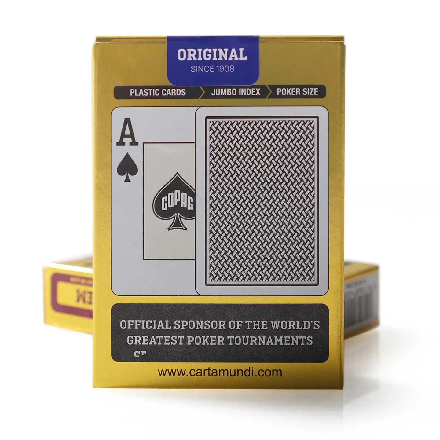 Gold packaging of playing cards with a visible ace of spades card on a white background