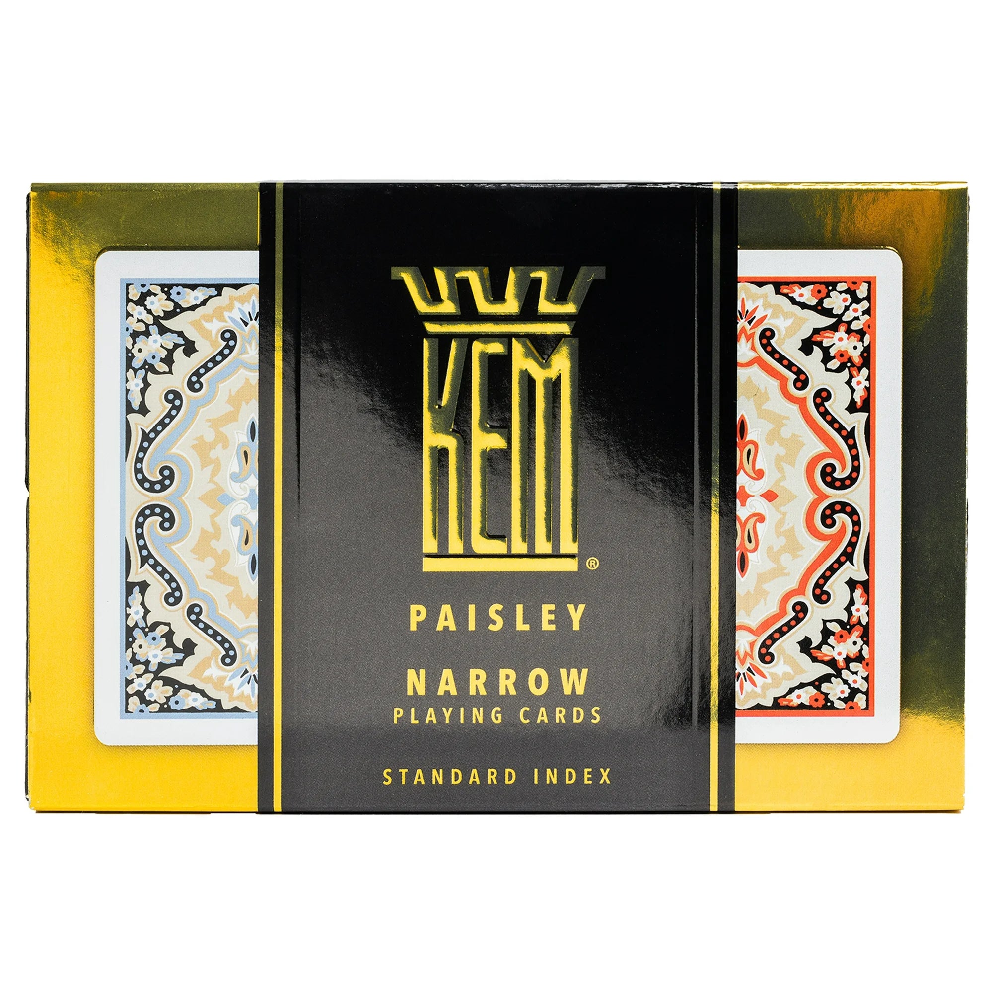 Playing card box with KEM logo and paisley design on a white background